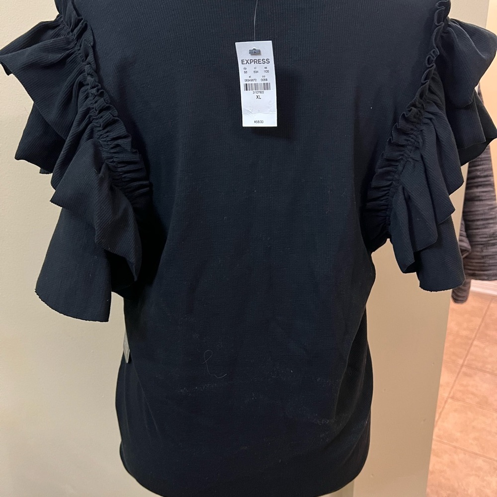 Express Black Short Sleeve Top with Ruffle Sleeves